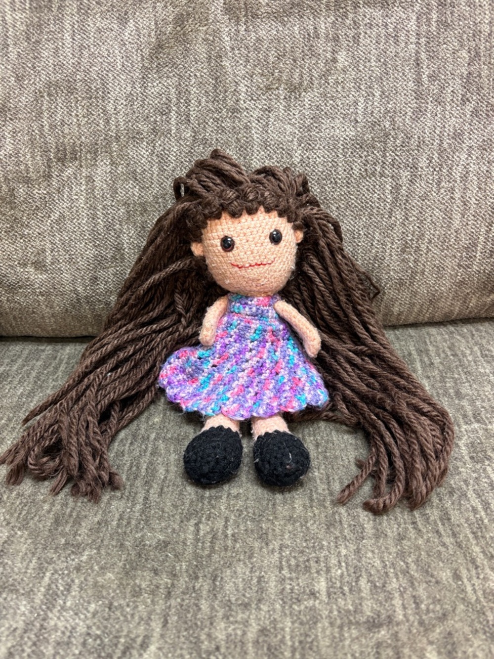 Handmade Brown-Hair Crochet Doll with Multicolor Dress - Kids Toy